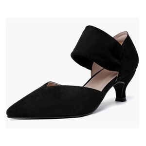 Black Suede Pointed Toe Pumps with Kitten Heel – Ankle Strap – Size 6
